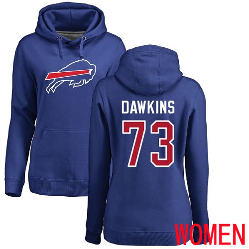 NFL Women Buffalo Bills 73 Dion Dawkins Royal Blue Name and Number Logo Pullover Hoodie Sweatshirt
